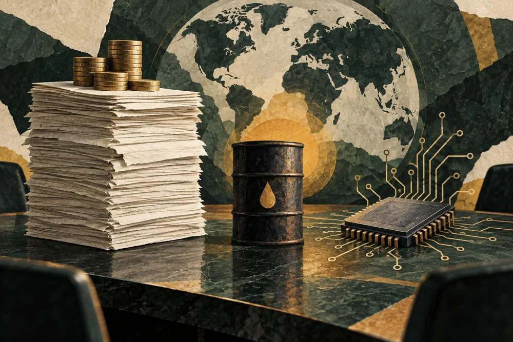 Original illustration of debt papers and coins, an oil barrel and an AI semiconductor chip against a globe.
