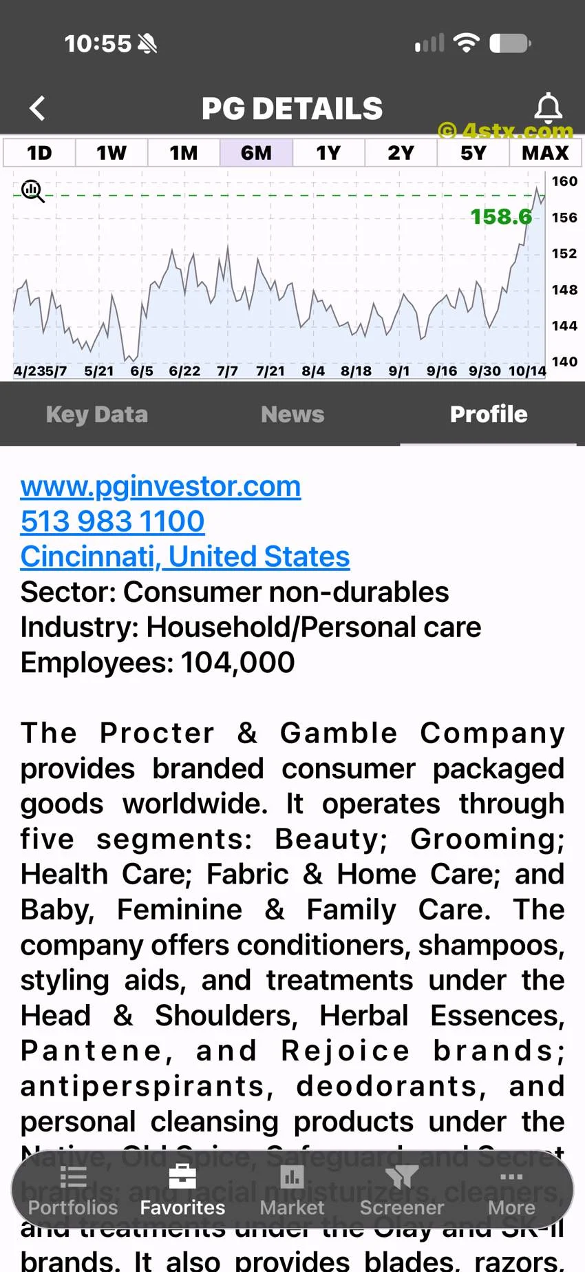 StockRank PG profile with Cincinnati, investor website and consumer-products business description.