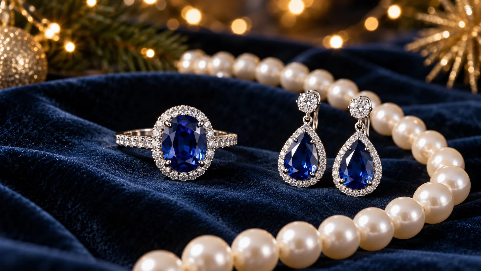 Sapphire ring and drop earrings beside a pearl necklace on navy velvet, with warm holiday lights.
