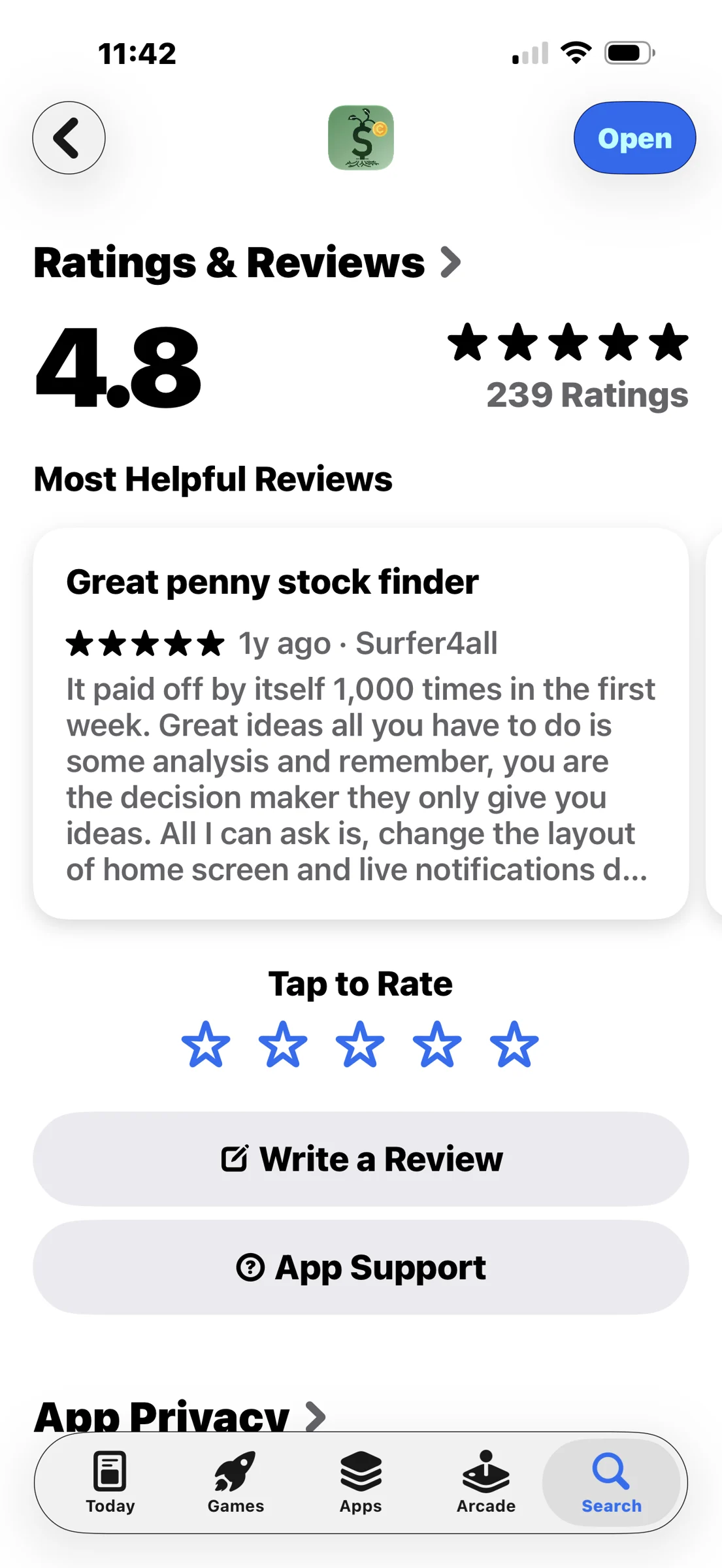 PennyGems Ratings and Reviews screen showing 4.8 out of 5 from 239 ratings and a review by Surfer4all.