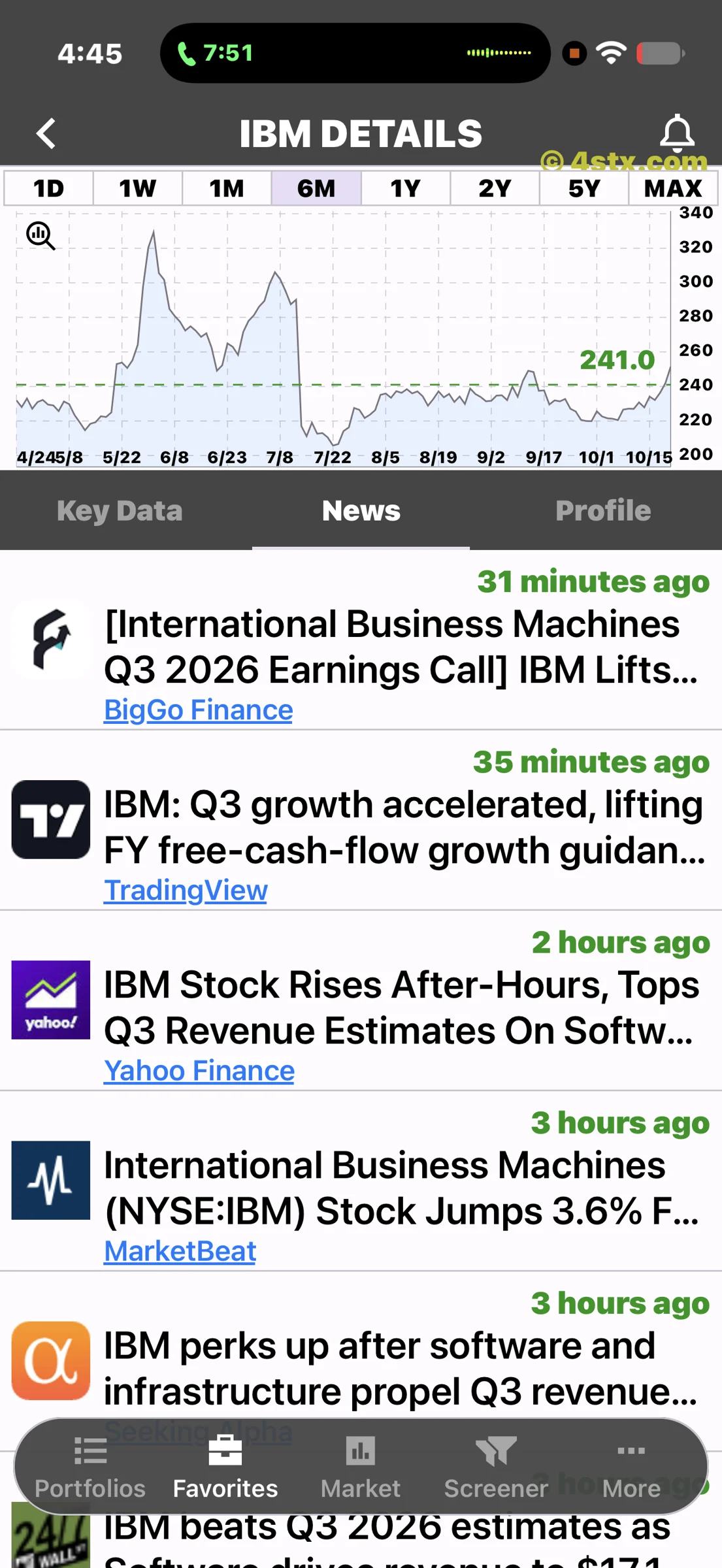 IBM StockRank news feed with quarterly earnings and cash-flow headlines