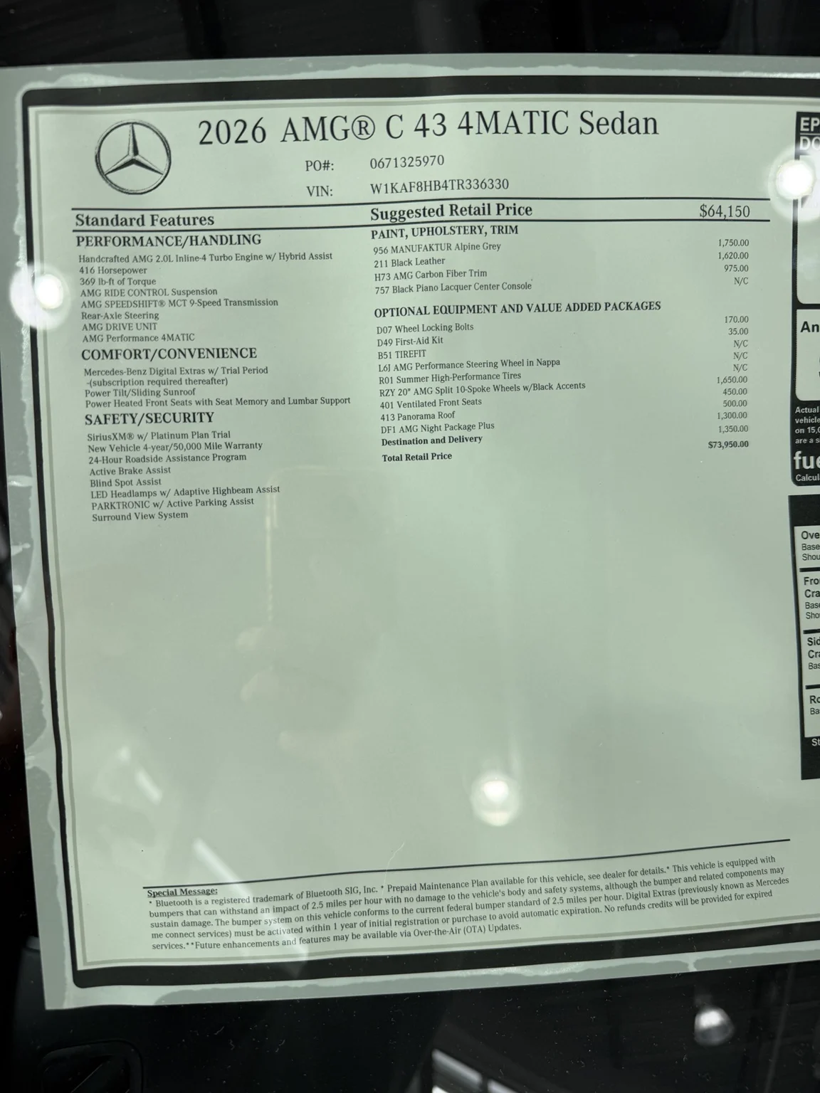 Window sticker for a 2026 Mercedes-AMG C 43 4MATIC sedan showing a total retail price of $73,950 and its equipment.