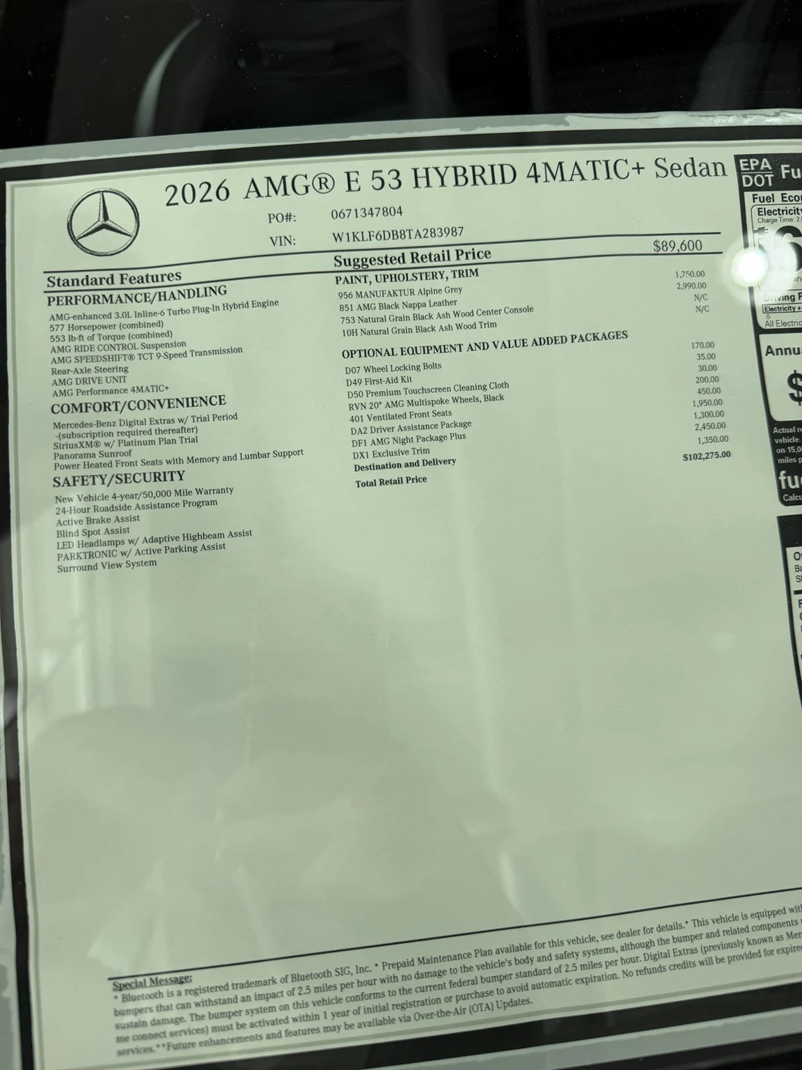 Window sticker for a 2026 Mercedes-AMG E 53 HYBRID 4MATIC+ showing a total retail price of $102,275 and its equipment.