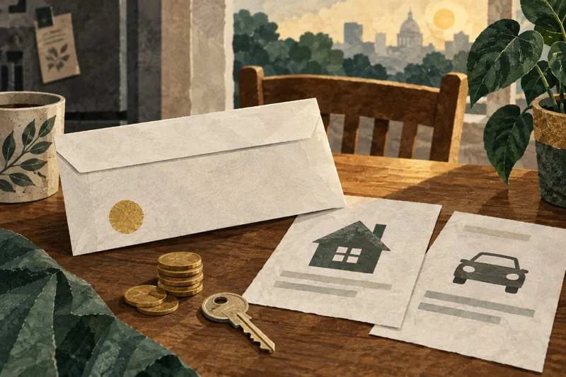 Original illustration of a paycheck envelope, house and car bills, coins and a key on a kitchen table.
