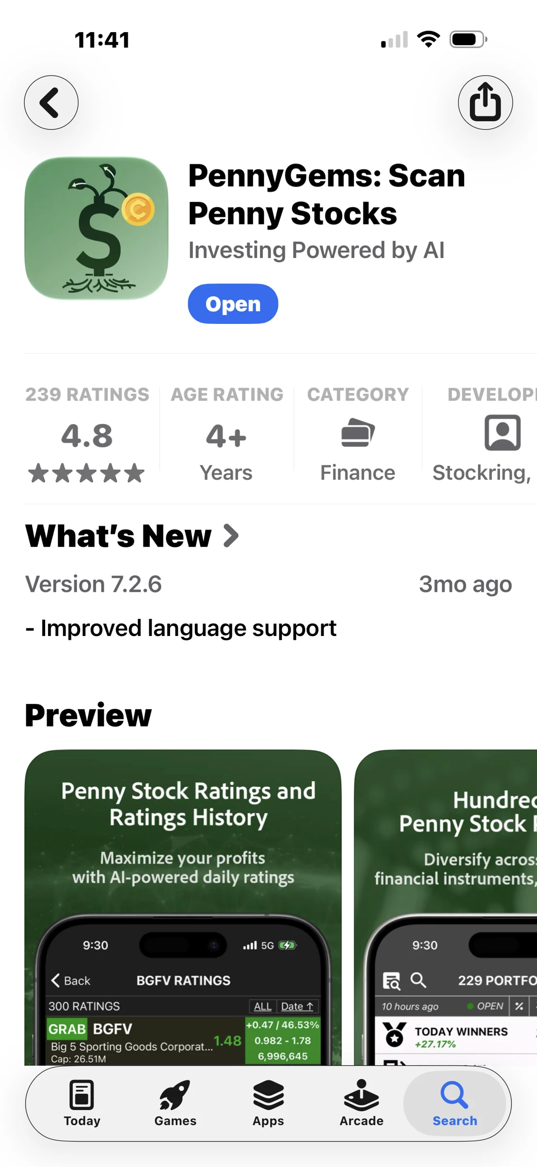 Apple App Store listing for PennyGems: Scan Penny Stocks, showing the app icon and a 4.8 rating from 239 ratings.