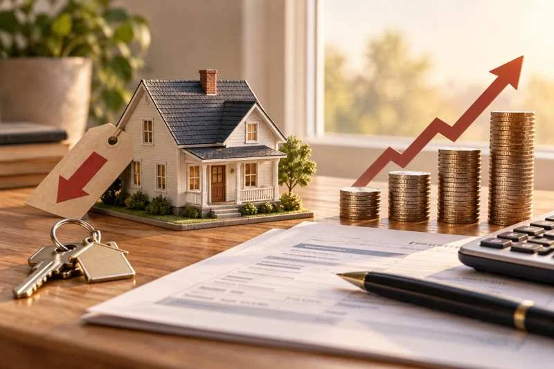 Original illustration of a model house with a downward price tag beside rising coin stacks, keys and mortgage paperwork.